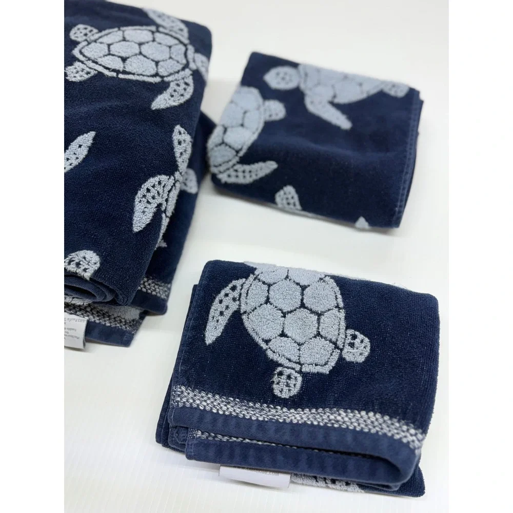 Caro Home Towel Set Navy Blue Sea Turtle Coastal Nautical Bathroom Decor 4 Piece